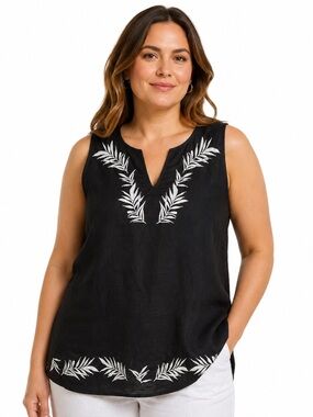 Linen Embroidered Tunic Tropical Beach Coastal 
Lightweight Resortwear Sz L